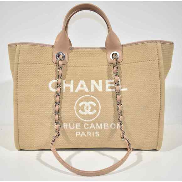 Chanel 22S Deauville Beige Large Shopping 30cm 2Way Silver Chain Handle Tote Bag - Picture 1 of 12